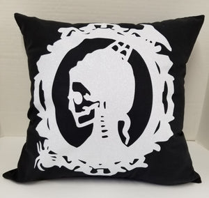 Skull Pillow White Glitter Calavera Bride on Black