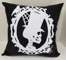 Load image into Gallery viewer, Skull Pillow White Glitter Calavera Groom on Black